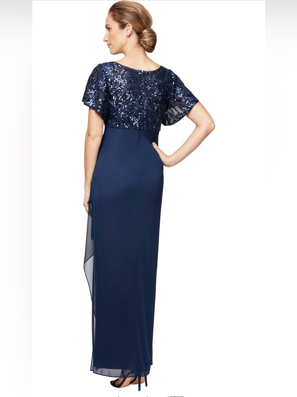 Alex Evenings Navy Blue Sequin Bodice Flutter Sleeve Long Gown Size 18 Formals - Picture 6 of 8